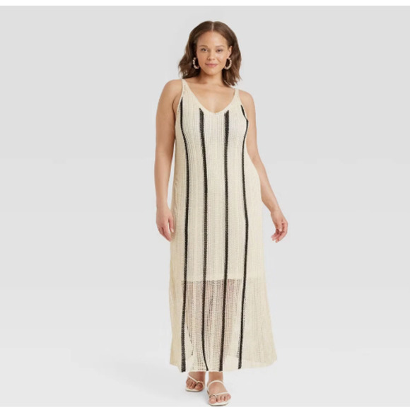 A New Day Women's XL Open Work Pointelle Sundress Maxi NWT Cream / Black - Picture 1 of 9